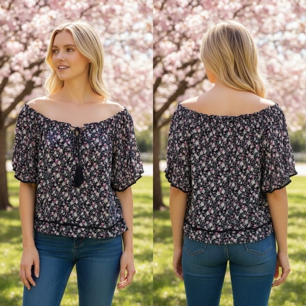 American Eagle Blouse Womens Medium Navy Floral Excellent Boho Off Shoulder Tie